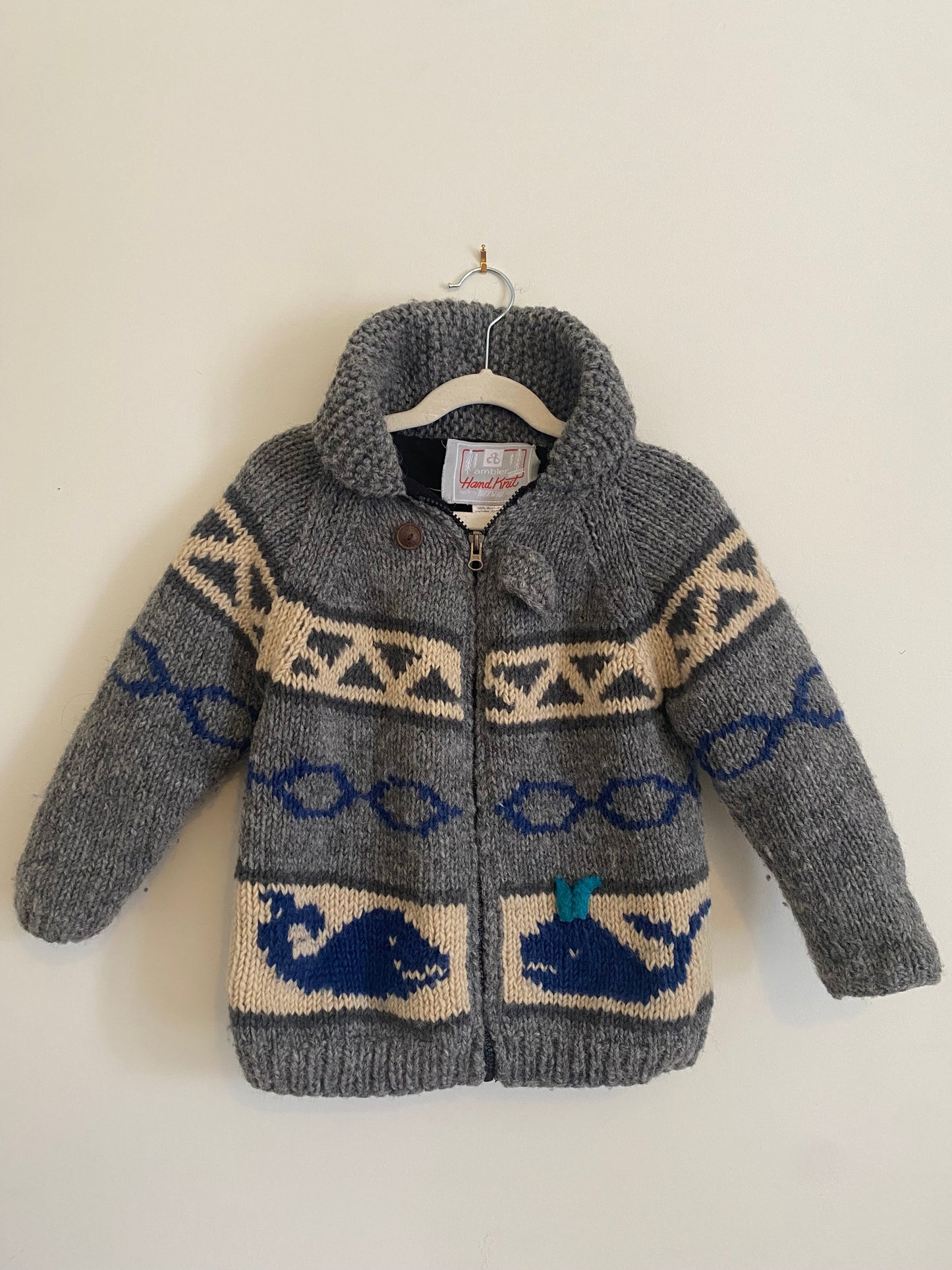 Ambler Handknit Wool Whale Sweater - fleece lined - size Med/LG kids